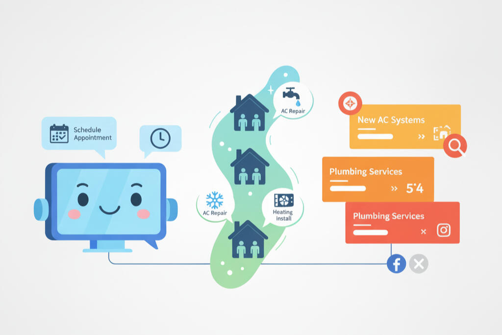 AI chatbot + Smart digital ads It show how it works with the combination of AI chatbots + Smart Ads to get more jobs for contractors.